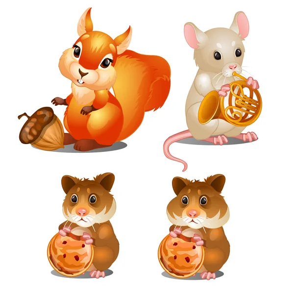 Squirrel with walnut, mouse with musical trumpet and hamsters with biscuits. Fairy animals for animation, childrens illustrations, book and other design needs. Vector isolated on white background — Stock Vector