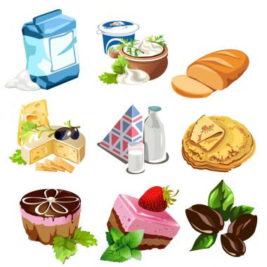 Tatlılar, süt ürünleri, kahve çekirdekleri ve diğer gıda karikatür tarzı. Mutfak tasarım projeleri için dokuz simgelerin büyük vektör ayarlayın. İllüstrasyon izole beyaz arka plan üzerinde