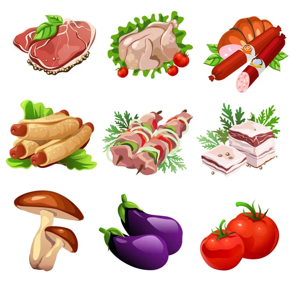 Meat products and vegetables. Food in cartoon style. Big vector set of nine icons for culinary design projects. Illustration isolated on white background — Stock Vector