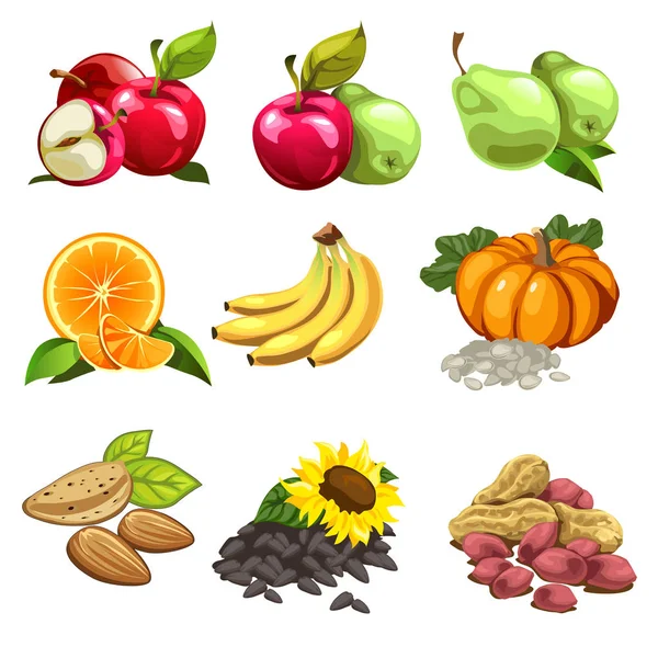 Frutta, verdura, noci, semi di girasole. mele, pere, arance, banane, zucca. Grande set vettoriale di nove icone per progetti di design culinario. Illustrazione isolata su sfondo bianco — Vettoriale Stock