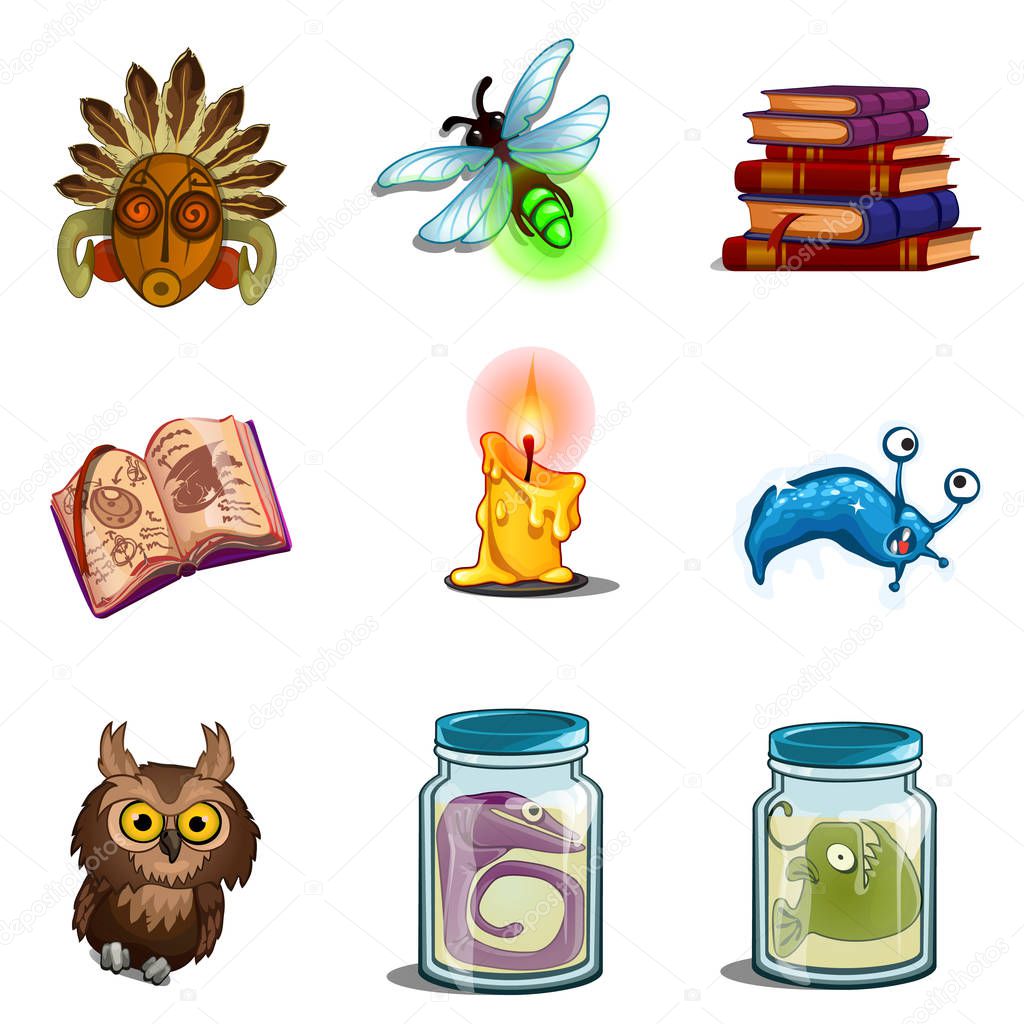 Halloween symbols - owl, mask, insect, book of spells, formalin mutant, candle. Nine vector icons set isolated on white background