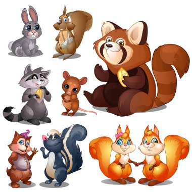 Tavşan, rakun, sincap, kunduz, hamster, fare, kokarca - karikatür hayvanlar karakter animasyon, çocuk resim, kitap ve diğer tasarım ihtiyaçları için. Beyaz arka plan üzerinde izole vektör
