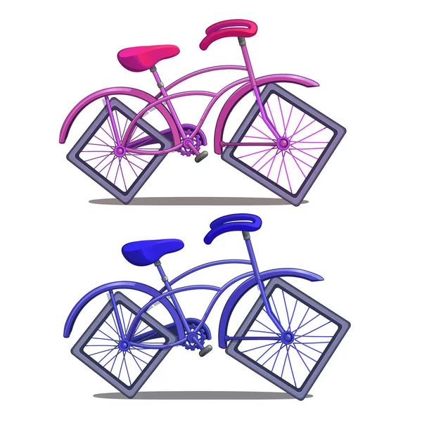 Vélo rose et bleu avec roues carrées isolées sur fond blanc. Illustration vectorielle dans le style dessin animé — Image vectorielle