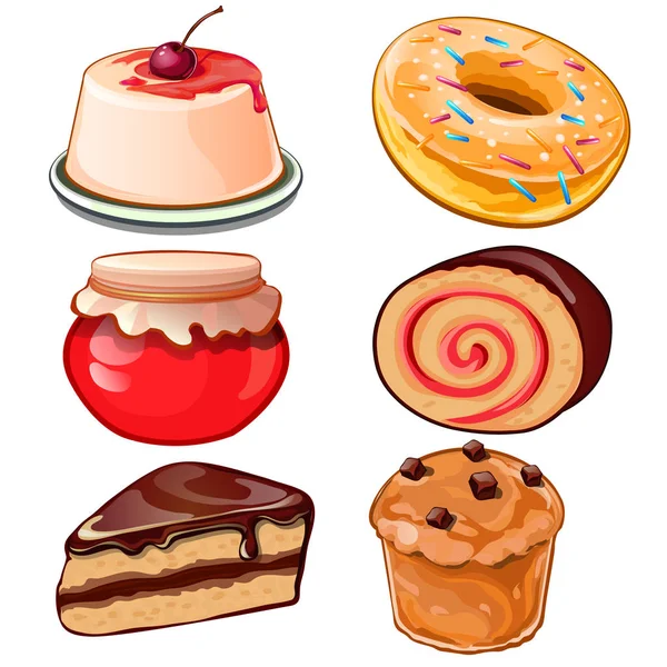 Délicieux ensemble de desserts gâteau au fromage, confiture, cupcake, beignet, rouleau suisse. Fod vectoriel mis six icônes dans le style de dessin animé isolé sur fond blanc — Image vectorielle