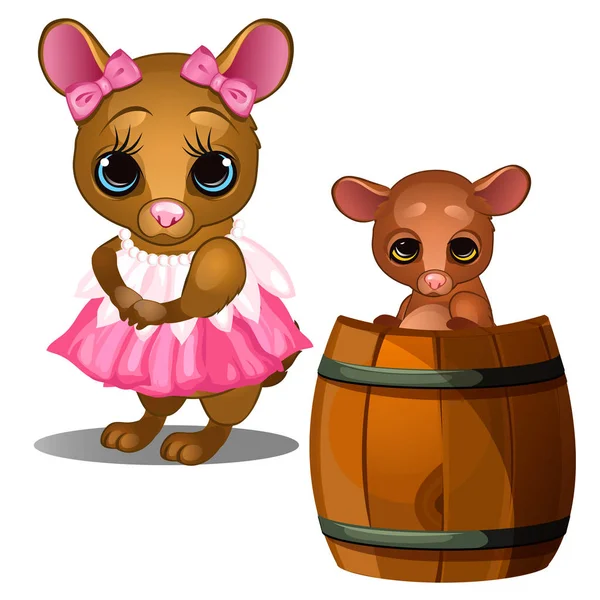 Ratón hembra en vestido rosa y ratón bebé bañándose en barril de madera. Personaje de animales de dibujos animados para la animación, ilustraciones de niños, libro y otras necesidades de diseño. Vector aislado sobre fondo blanco — Archivo Imágenes Vectoriales