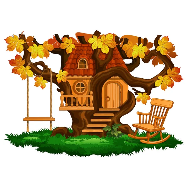 Fabulosa casa del árbol, columpio y mecedora, temporada de otoño. Paisaje de dibujos animados. Ilustración vectorial aislada sobre fondo blanco — Vector de stock