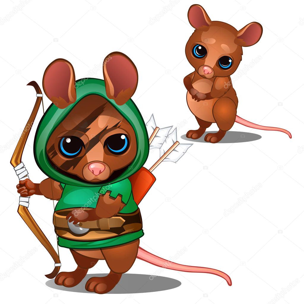 Mouse archer in green suit and face with battle color. Cartoon animals character for animation, childrens illustrations, book and other design needs. Vector isolated on white background