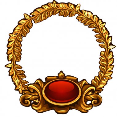 Kırmızı düğme ve kopya alanı ile yuvarlak altın çerçeve çelenk. Oyun arayüzü için öğe. Beyaz arka plan üzerinde izole vektör çizim.