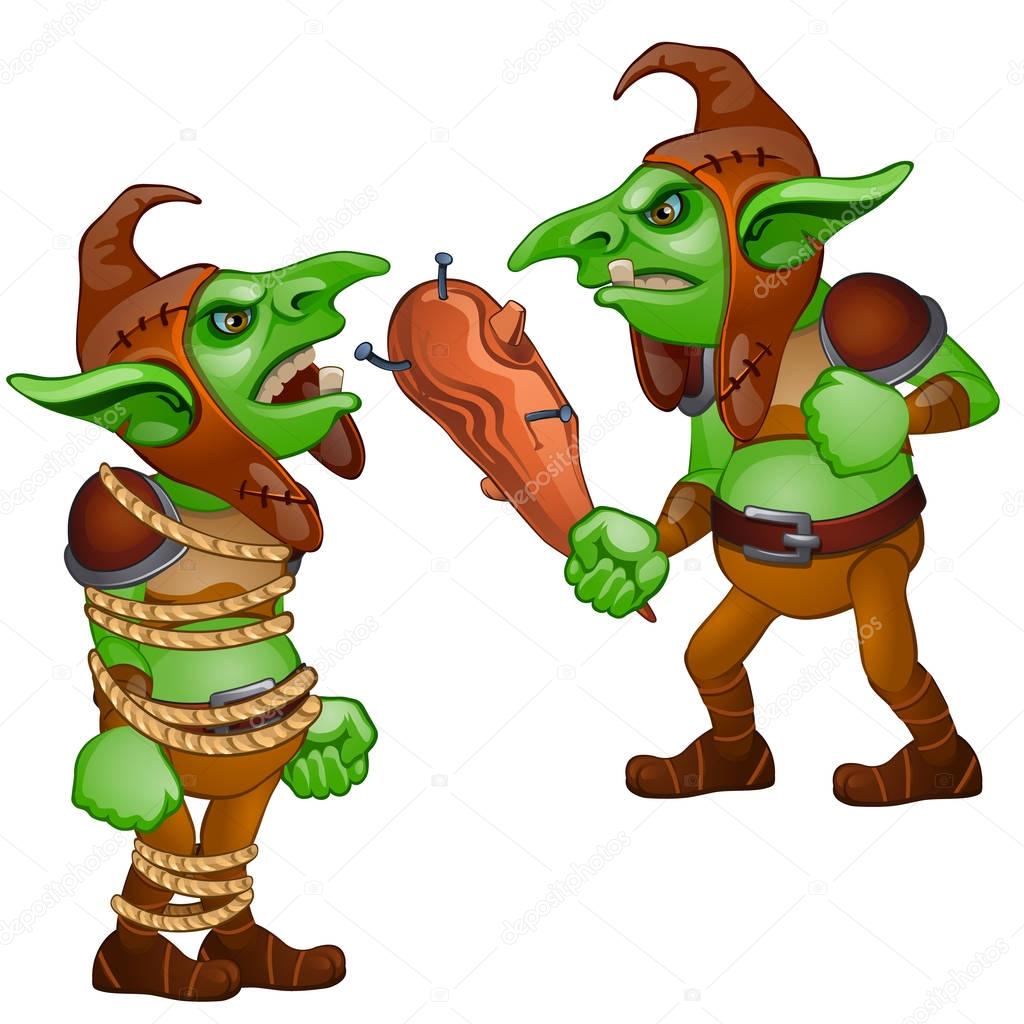 One troll with baton and the other tied with rope
