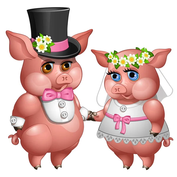 結婚式スーツの新郎新婦の豚の結婚 — ストックベクタ