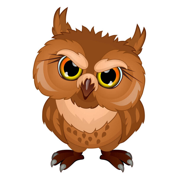 Cartoon owl in evil mood, emotional bird character. Vector isolated on white background