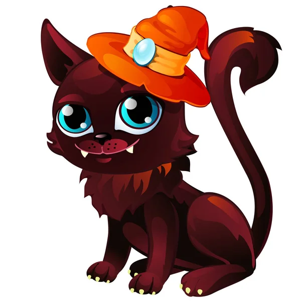 A holdkő narancssárga kalap macska. Misztikus állat jellegű boszorkány. Vicces rajzfilm Halloween kisállat, jelképe. Vektor elszigetelt fehér background — Stock Vector
