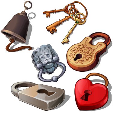 Tuşlar ve kapı zili ile eski, modern ve romantik asma kilitler. Kırmızı kalp, aslanlar kafa ve çiçek süsleme şekli kilitler. Beyaz arka plan üzerinde izole altı simgeler. Vektör çizim karikatür tarzı