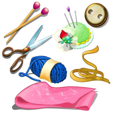 Araç ve gereçleri için terzi - iğneler, makas, iğne, kumaş ve diğer şeyler için craft terzi. Beyaz arka plan üzerinde izole yedi simgeler. Vektör çizim karikatür tarzı