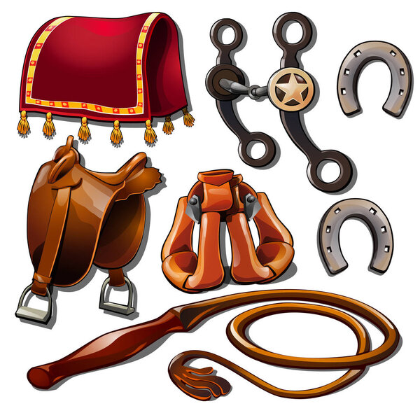 Attributes of cowboy and horse accessories. Set of seven Wild West icons isolated on white background. Vector illustration in cartoon style