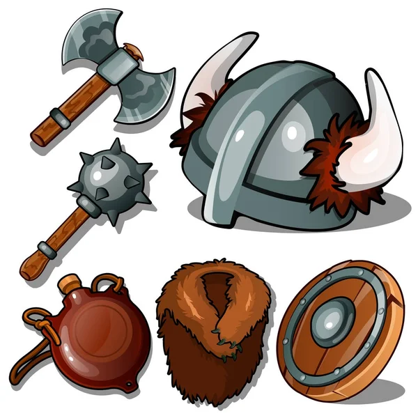 Ropa antigua y armas de los vikingos. Maza, hacha, casco con cuernos, petaca, abrigo de piel y pandereta. Seis iconos aislados sobre fondo blanco. Ilustración vectorial en estilo de dibujos animados — Archivo Imágenes Vectoriales