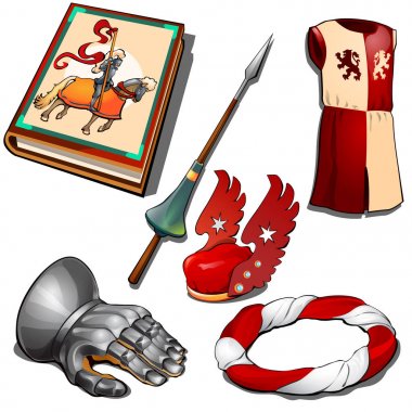 Knight'ın ayarla - kitap, el zırh, Kraliyet elbise, kılıç ve diğer görüntü. Beyaz arka plan üzerinde izole altı simgeler. Vektör çizim karikatür tarzı