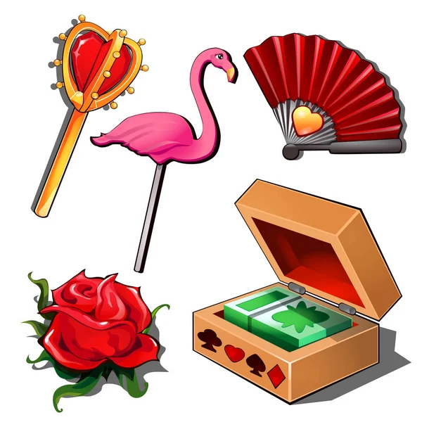 Luxury gambling set - playing cards, ladys fan, rose red, lollipop flamingo and Golden scepter. Thematic five icons isolated on white background. Vector illustration in cartoon style — Stock Vector