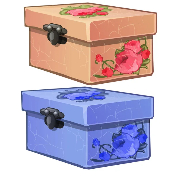 Caja de cartón viejo rosa y azul con decoración floral. Dos ataúd de cartón para mujer con cerradura aislada sobre fondo blanco. Ilustración vectorial en estilo de dibujos animados — Vector de stock