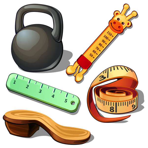 Weight, thermometer, measuring tape, ruler and wooden shoe. Set of five items isolated on white background. Vector illustration in cartoon style