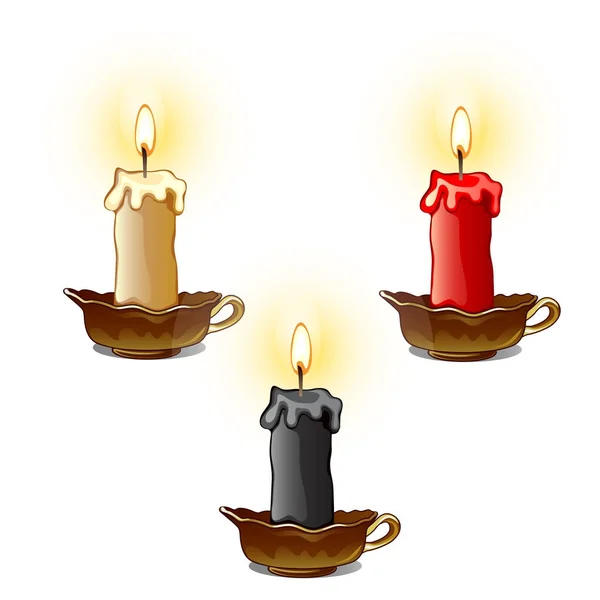 Три горящих восковых свечи белого, красного и черного цвета. Векторная иллюстрация на белом фоне — стоковый вектор