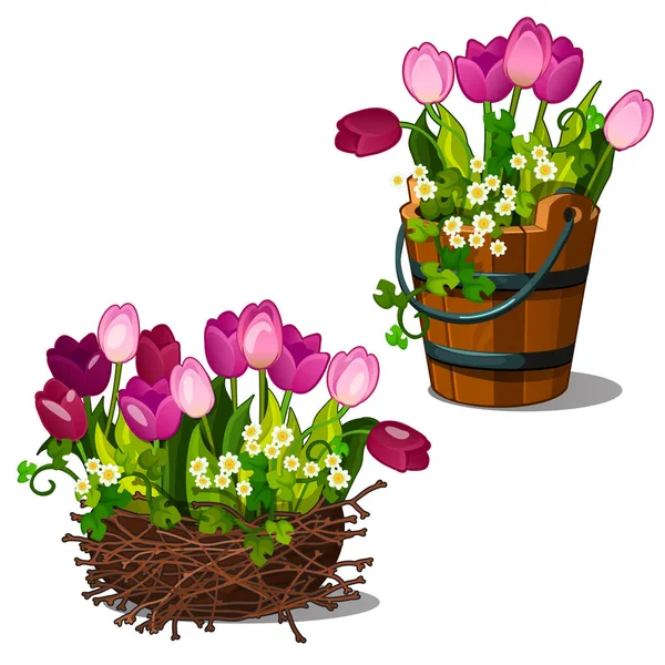 Rosa Tulpen in Holzeimer und Nest - florale Komposition. Vektor-Illustration im Cartoon-Stil isoliert auf weißem Hintergrund — Stockvektor