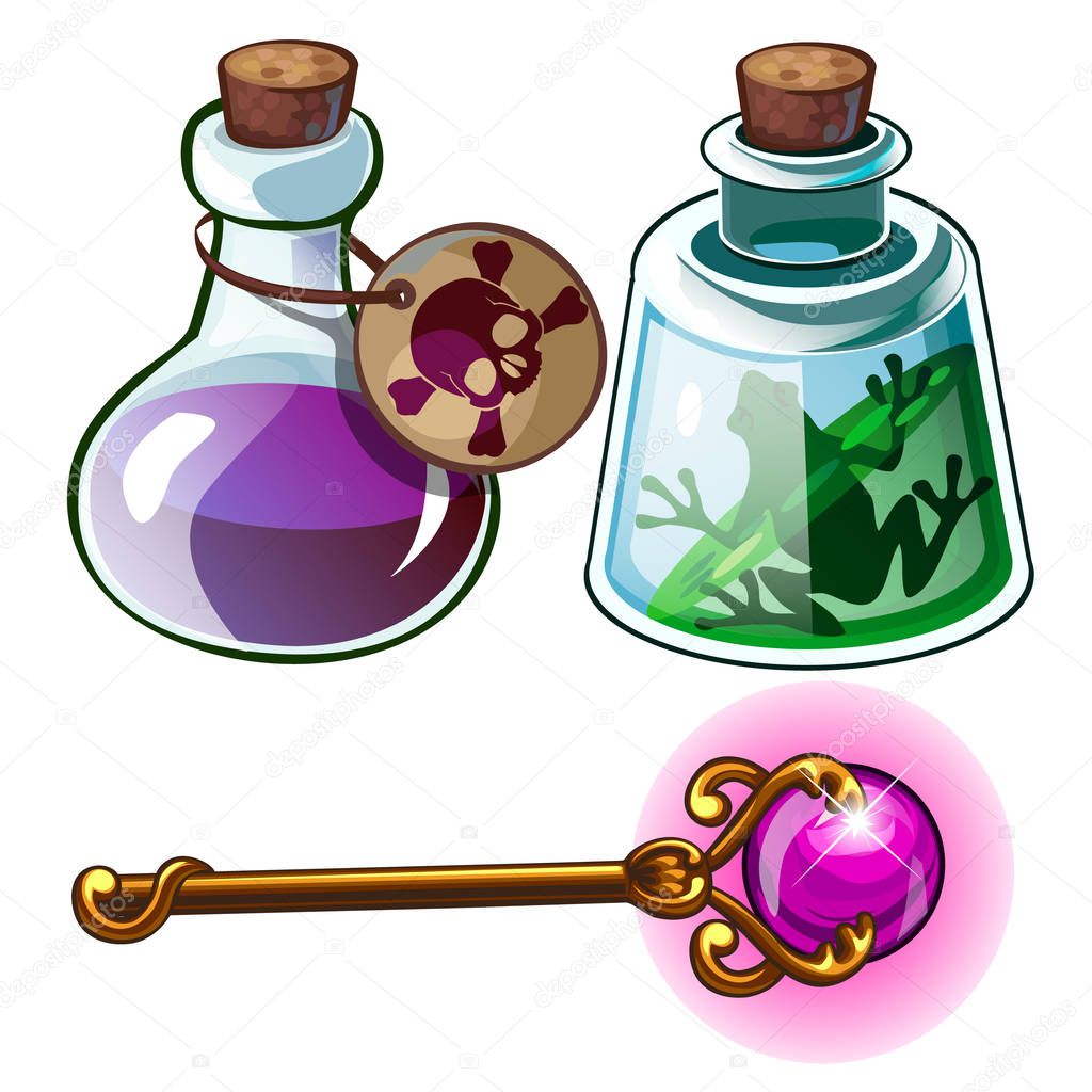 Toxic poison, frog in bottle and wizards golden wand. Witchcraft set of three items for games, mobile apps and other design needs. Vector illustration isolated on a white background