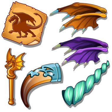 Dragon set - kanatları, parşömen üzerine resim. sihirli boynuz ve ejderha figürü ile altın çubuk. Sihirli oyunlar, mobil uygulamalar ve diğer tasarım ihtiyaçları için altı öğeler topluluğu. Beyaz arka plan üzerinde izole vektör