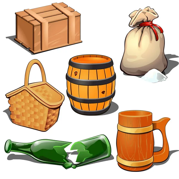 Wooden box, barrel, canvas sack with bulk product, picnic basket, broken bottle and beer mug. Thematic six icons isolated on white background. Vector illustration in cartoon style — Stock Vector