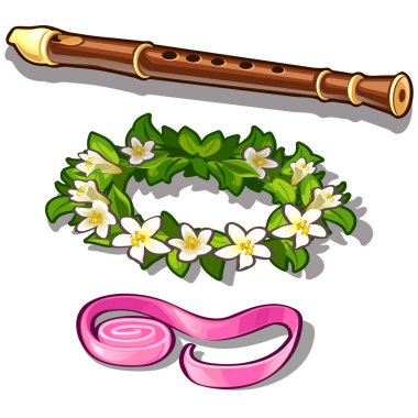 Çiçek çelenk ve pembe bant flüt. Beyaz arka plan üzerinde izole üç öğe kümesi. Vektör çizim karikatür tarzı