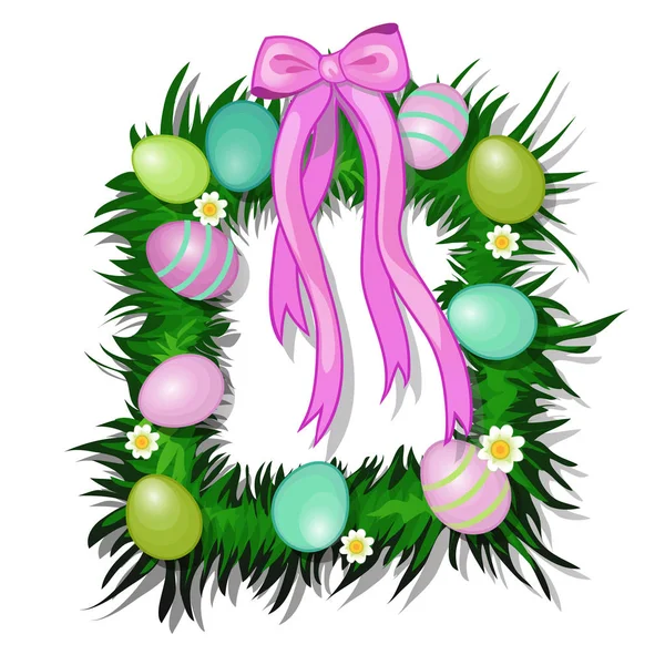 Corona de hierba y flores con huevos de color Pascua y lazo rosa con cinta. Símbolo y decoración para vacaciones. Ilustración vectorial en estilo de dibujos animados aislados sobre fondo blanco — Archivo Imágenes Vectoriales