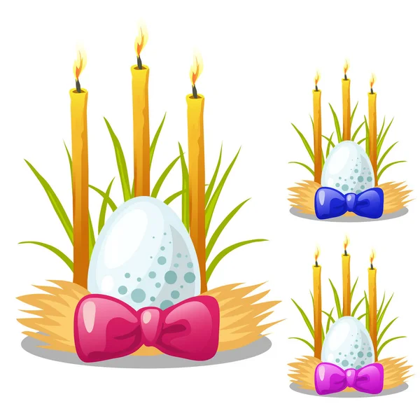 复活节彩蛋用的弓和燃烧的蜡烛装饰着草和稻草。符号和装饰为假期。在白色背景上孤立的卡通风格的矢量图 — 图库矢量图片