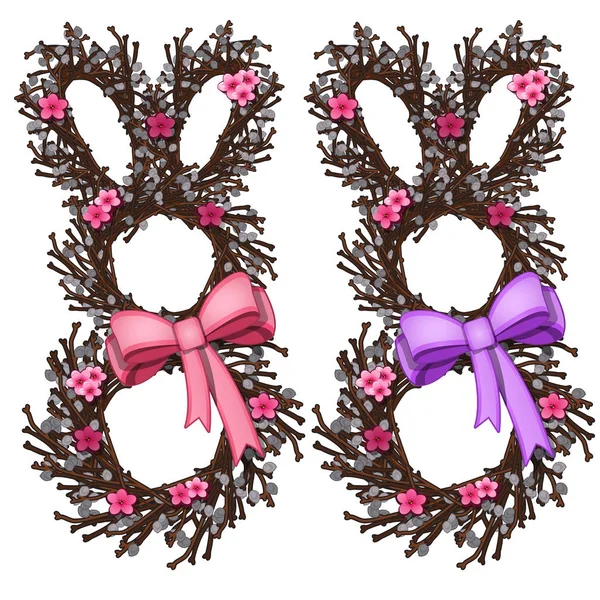Венок из вишневых ветвей в виде кролика с луком. Символ и украшение к Пасхе или Рождеству. Векторная иллюстрация в карикатурном стиле на белом фоне — стоковый вектор