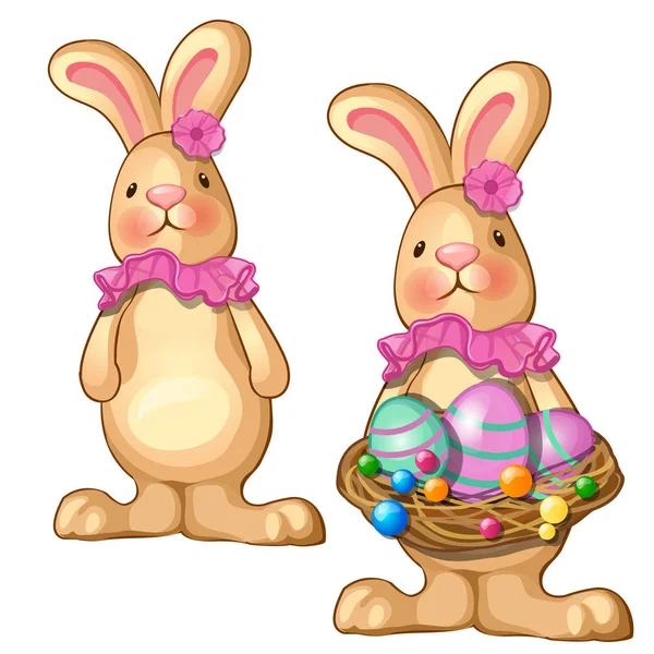 ピンクの首輪と塗られた卵のバスケットを持って花雌のウサギ。休日の記号です。子供イラスト、書籍やその他のデザイン ニーズの動物キャラクターを漫画します。白で隔離ベクトル — ストックベクタ