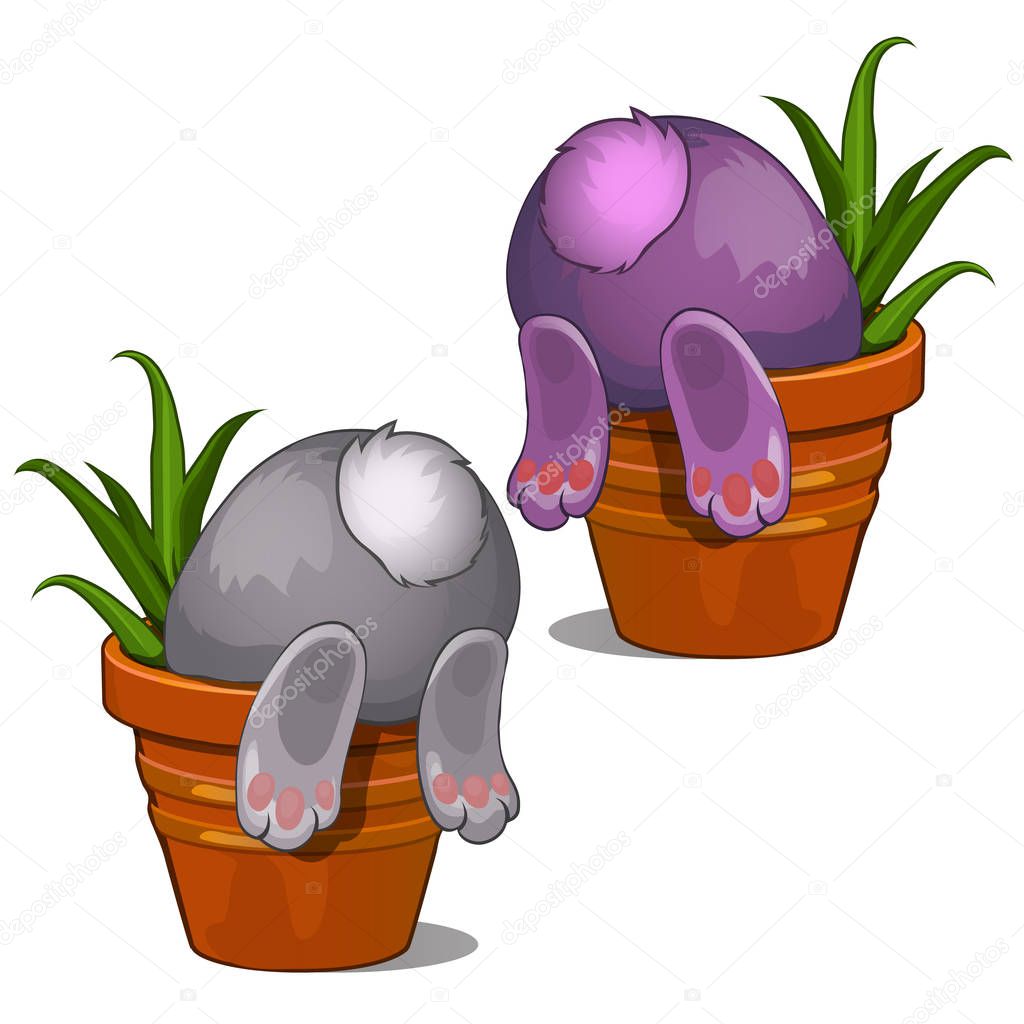 Gray and pink bunny looking for something in flower pot. Back and tail of rabbit view. Funny cartoon animal character for childrens illustrations, book and other design needs. Vector isolated on white