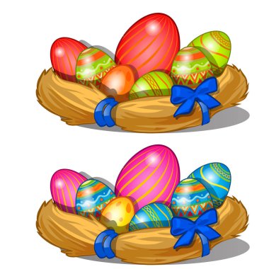 Saman süslemeleri hassas desenli renkli Paskalya yumurtaları. Tatil için sembolü. Beyaz arka plan üzerinde izole karikatür tarzı resimde vektör