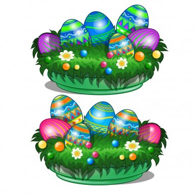 Dekoratif kase çim, papatya ve boncuk çiçekler ve Paskalya yumurta boyalı. Tatil için ve sembolü. Beyaz arka plan üzerinde izole karikatür tarzı resimde vektör