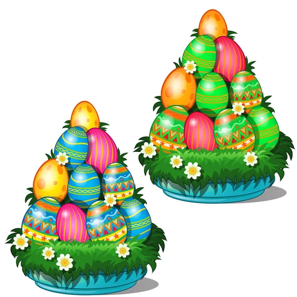Renkli Paskalya yumurtaları farklı desenleri ile koni çim ve çiçek ile plaka üzerinde yığılmış. Tatil için ve sembolü. Beyaz arka plan üzerinde izole karikatür tarzı resimde vektör — Stok Vektör