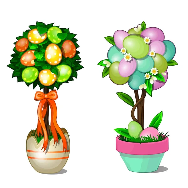Два дерева с листьями и красочные пасхальные яйца в стилизованных горшках. Символ и украшение праздника. Векторная иллюстрация в карикатурном стиле на белом фоне — стоковый вектор