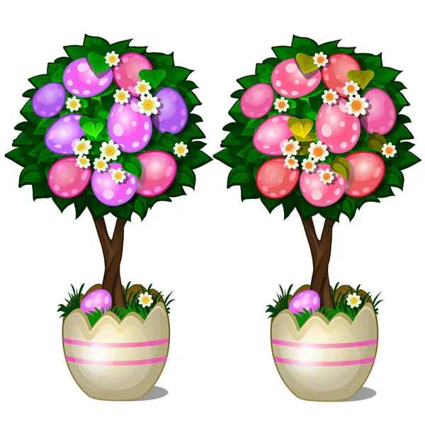 Dwa drzewa z liśćmi i czerwony i różowy zauważył Wielkanoc jaja w doniczkach stylizowanych muszli. Symbol i ozdoba na wakacje. Ilustracja wektorowa w stylu kreskówka na białym tle — Wektor stockowy