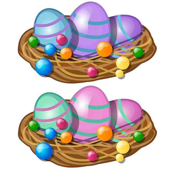 Huevos de Pascua coloridos con delicado patrón en canasta de paja. Símbolo y decoración para vacaciones. Ilustración vectorial en estilo de dibujos animados aislados sobre fondo blanco — Vector de stock