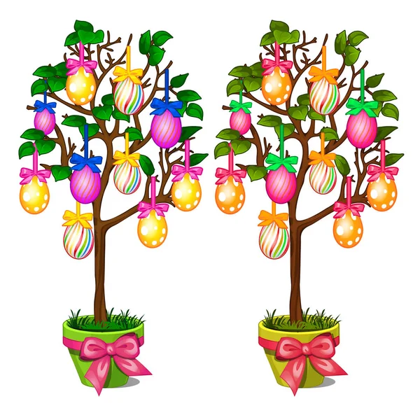 Dwa drzewa w donicach ozdobione zauważony i paski kolorowe pisanki. Symbol i ozdoba na wakacje. Wektor — Wektor stockowy