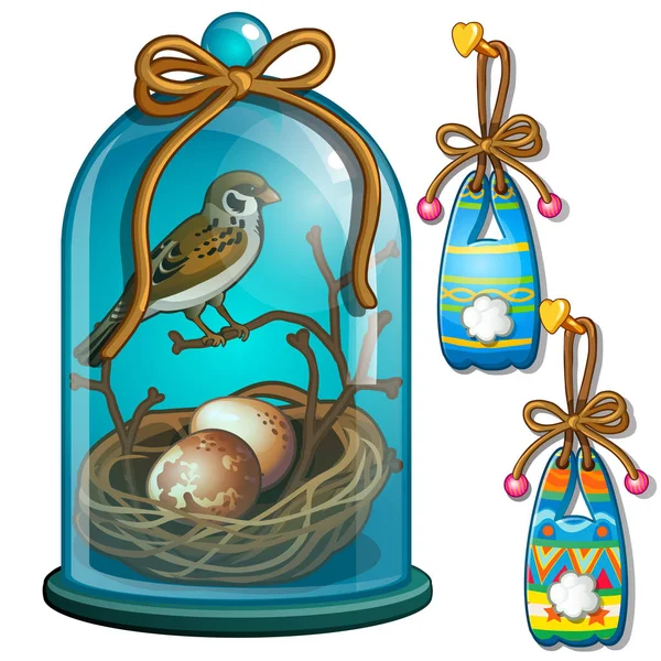 Vrabčí hnízdo a vajíčka pod kopuli a papíru zajíčky viset na hřebíku. Vektorové ilustrace izolované na bílém pozadí — Stockový vektor