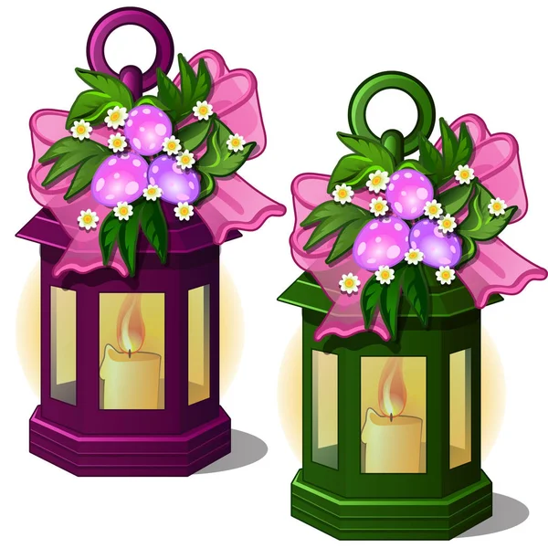 Lanterna portátil com velas flores decoradas e ovos de Páscoa. Símbolo e decoração de interiores para férias. Ilustração vetorial em estilo cartoon isolado sobre fundo branco — Vetor de Stock