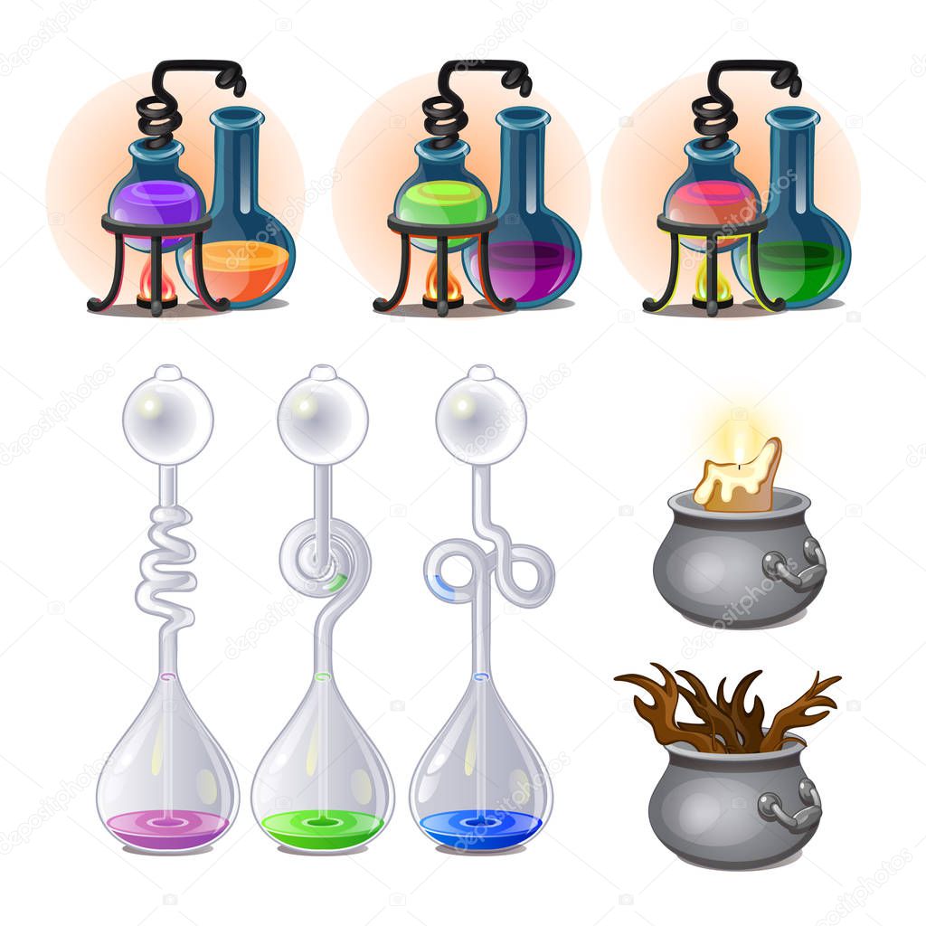 Chemical laboratory experiments and boiling of different liquids. Image in cartoon style for game stuff or other design needs. Vector illustration isolated on white background
