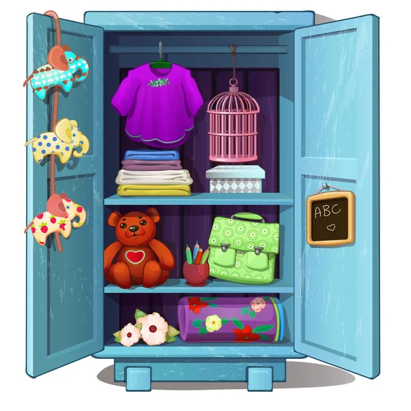 Blaue Kindergarderobe mit Frauenkleidern, Spielzeug und anderem Zeug. Vektor-Illustration im Cartoon-Stil isoliert auf weißem Hintergrund — Stockvektor