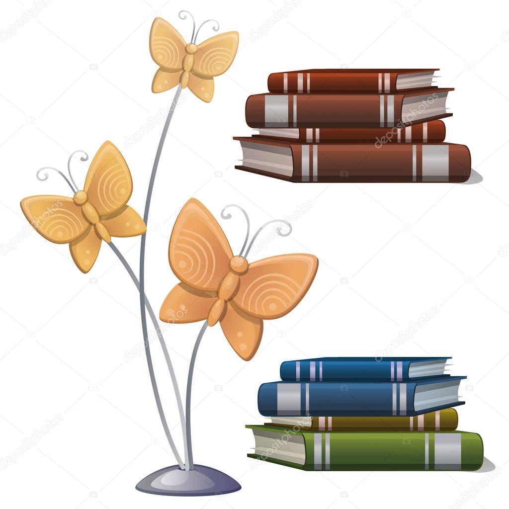 Books and interior decor butterflies. Vector Illustration in cartoon style isolated on white background