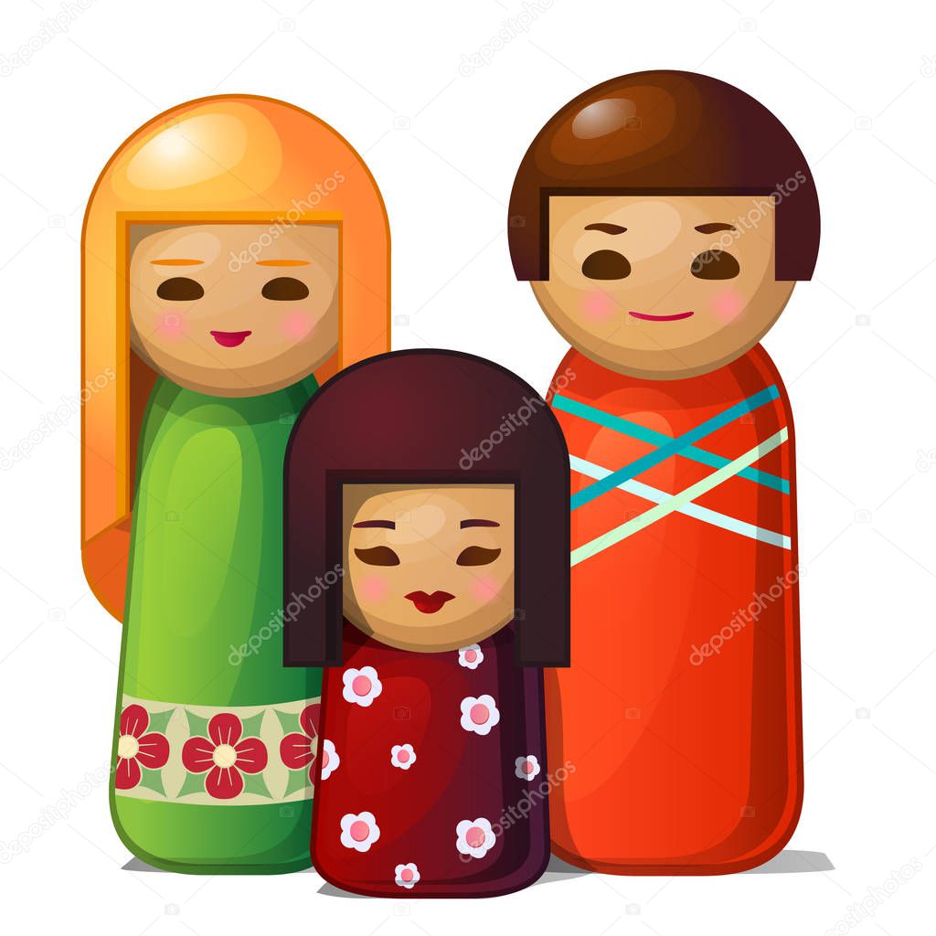 Japanese doll - woman, man and child. Asian family toys. Vector Illustration in cartoon style isolated on white background