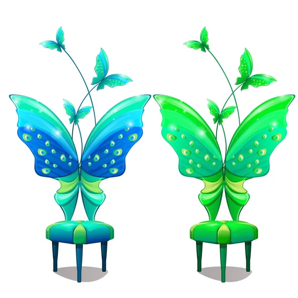 Cadeiras com costas em forma de borboleta. Parte azul e verde da mobília de interiores no estilo de desenho animado de conto de fadas. Poltrona para fadas. Ilustração vetorial isolada sobre fundo branco —  Vetores de Stock