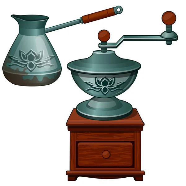 Древний кофемолка и цеце. Оборудование, необходимое для приготовления кофе. Винтажный Тёрк. Векторная иллюстрация в стиле мультфильма на белом фоне — стоковый вектор
